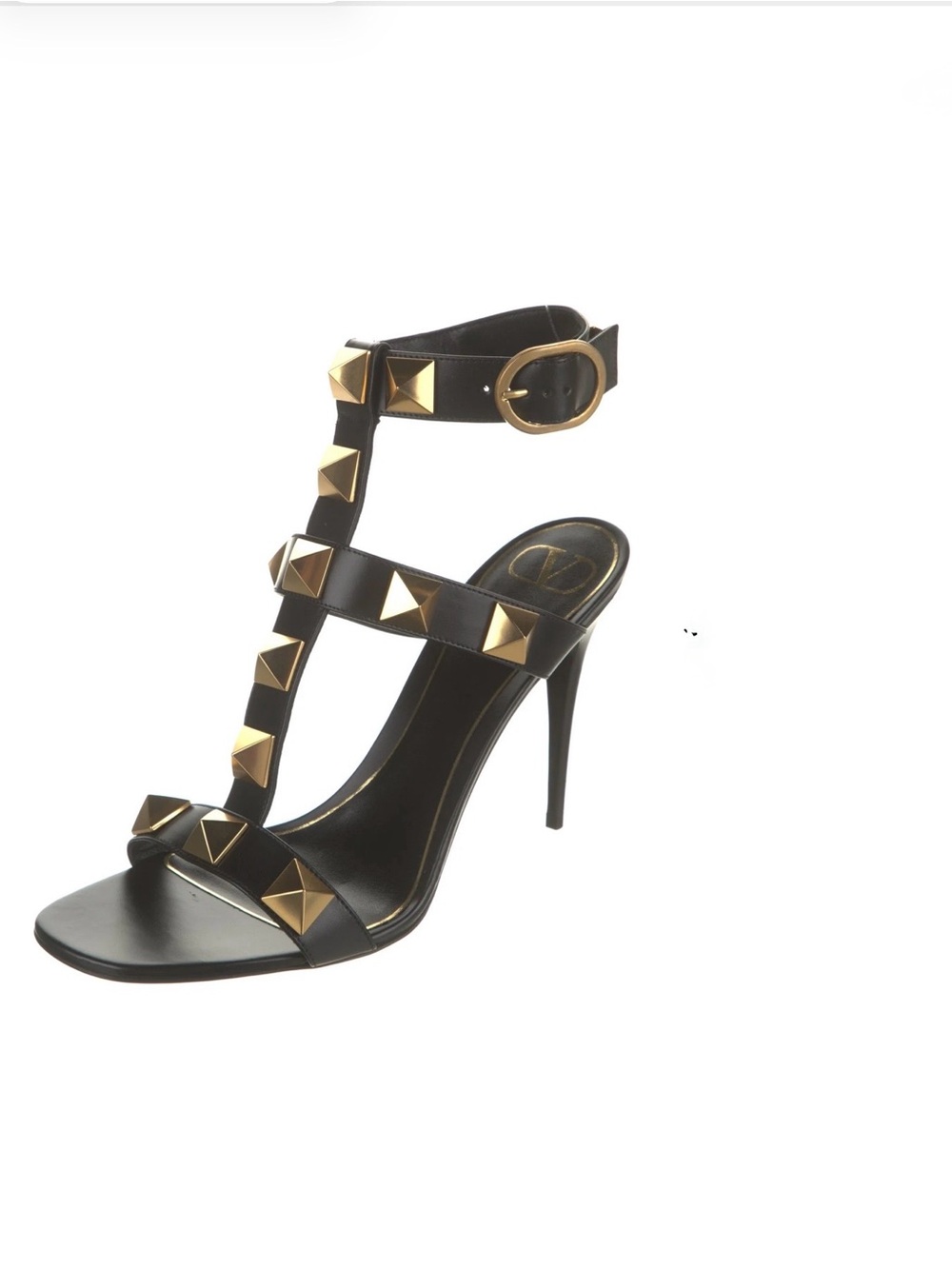Valentino Garavani Black Leather T-Strap Sandal with Gold Studs EUR 41.5